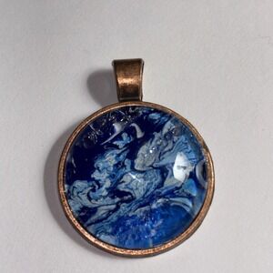 Blue Fluid Art Pendant Unique Design Shades Of Blue & White Bronze Toned Bezel